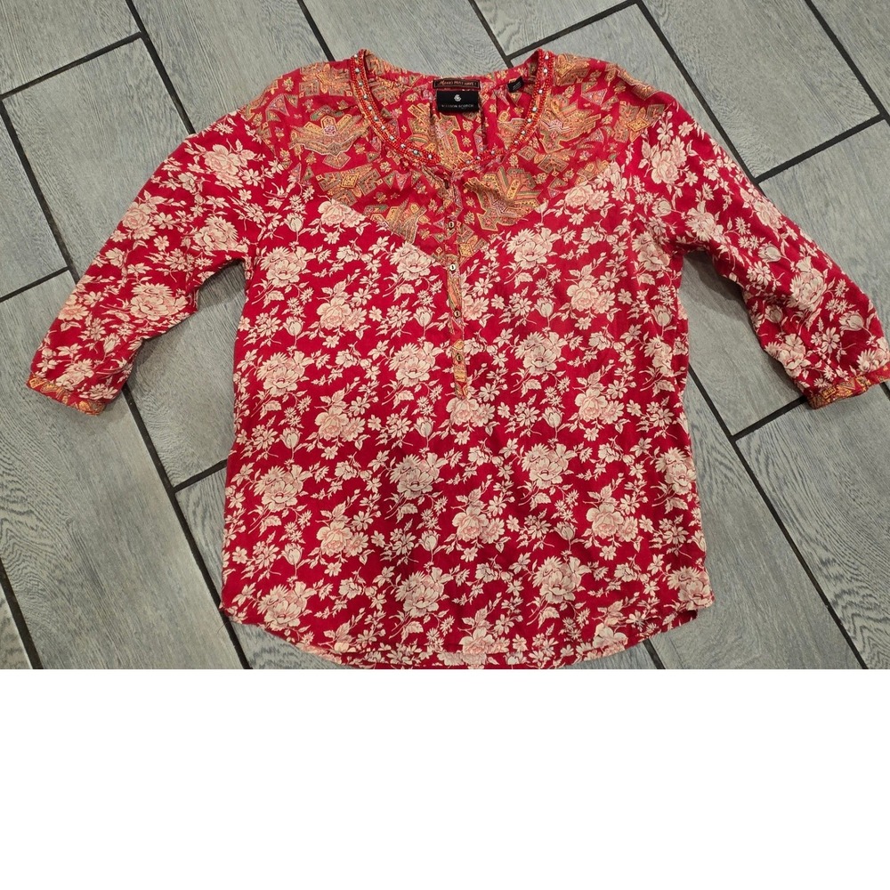 Maison Scotch Red Floral Paisley Beaded Neck Blouse Marie's Must Have Size 3/4